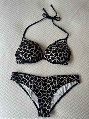 Y2K Victoria's Secret Black & Tan Giraffe-Print Push-Up Bikini Set